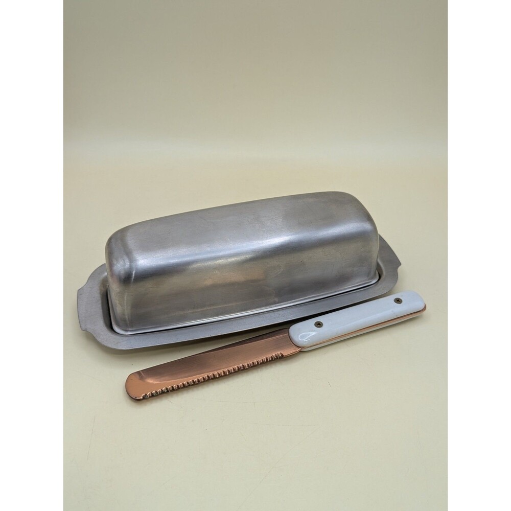 Vintage KRUPS Stainless Steel Butter Dish w Lid & White Copper Spreader Knife